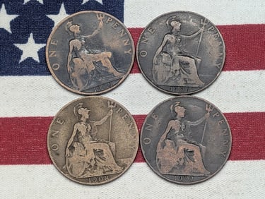 1900, 1906, 1907, & 1908 Great Britain One Pennies
