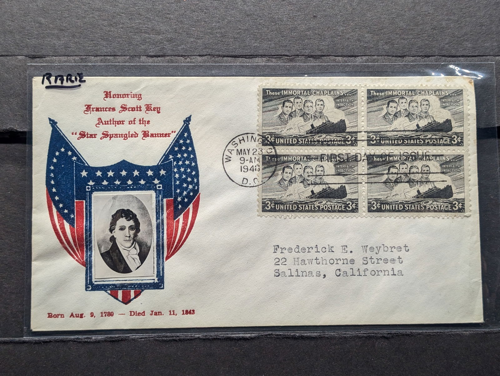 Frances Scott Key First Day Four Block Cachet: Frances Scott Key First Day Four Block Cachet