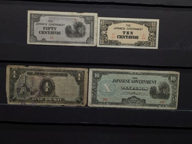 1943 Japan 10, 50 Centavos And 1, 10 Pesos Philippines WWII Military Invasion Currency.  4 Notes.