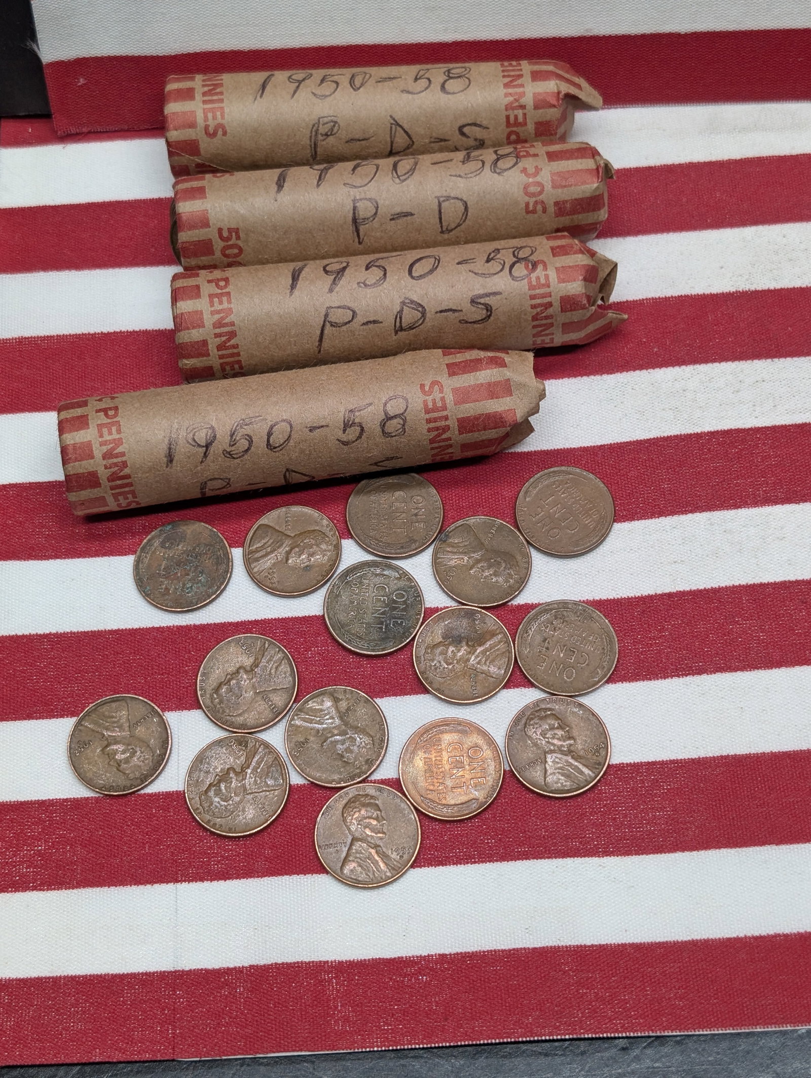 Four Rolls of 1950 to 1958 P, D, & S Lincoln Wheat Cents: Four Rolls of 1950 to 1958 P, D, & S Lincoln Wheat Cents