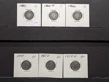 (3) Roosevelt Dimes 1947, 1953-D, 1958-D & (3) Barber Dimes 1900, 1901, 1906-O