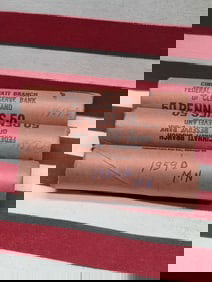 Three 1959-D Brilliant Uncirculated Unopened Federal Reserve Bank Lincoln Head Cent Rolls.  3 Rolls.