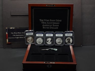 (5) 2013-W  American Silver Eagles 75th Anniversary  Set In Cherry Wood Presentation Box Proof's,