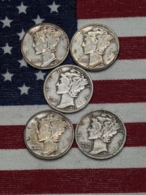 1939-S, 1940-S, 1941-S, 1942-S, & 1943-S Mercury Head Dimes.  5 Coins.