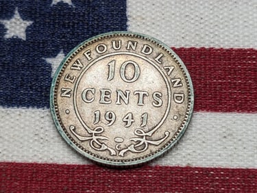 1941-C Newfoundland 10 Cents Piece Sterling Silver (.925) Coin.  George VI Portrait.
