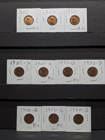 10 - 1950 P, D, & S & 1951-D Lincoln Wheat Cents, BU.