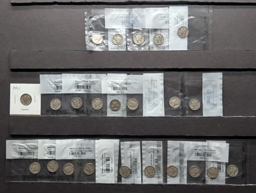 (23) Silver Mercury Dimes Mixed Dates, (22) In Littleton Packages & (1) In 2x2