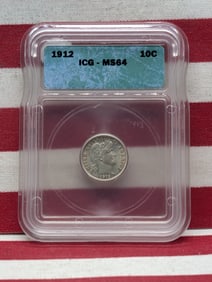 1912 Barber Dime Graded MS64 By ICG Grading Company.
