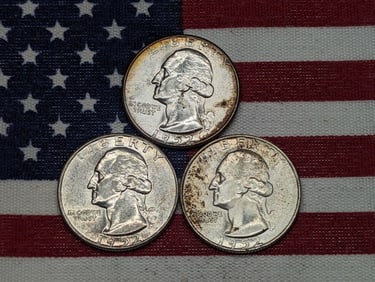 1952 PDS Uncirculated Washington 90% Silver Quarters.  3 Coins.