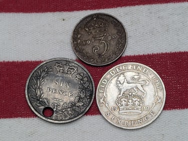 1851 (Holed) & 1919 Sixpence (both .925 Silver), 1920 3 Pence, .500 Silver