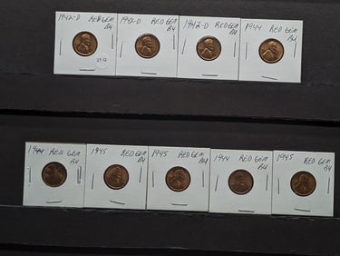 (9) Lincoln Wheat Cents (3) 1942-D, (3) 1944, (3) 1945