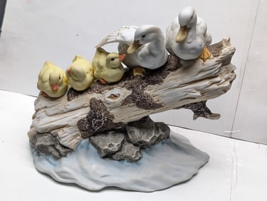 Ceramic Duck Family in a Row on a Log Figurine. Approx. 6 inches Tall
