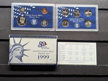 1999 S US Mint Proof Set. 10 Coin Set. Contains Reg. Coinage + State Quarters. All Proof