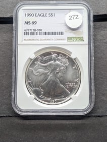 MS69, 1990 American "Silver" Eagle  (Graded by NGC), Books for $125