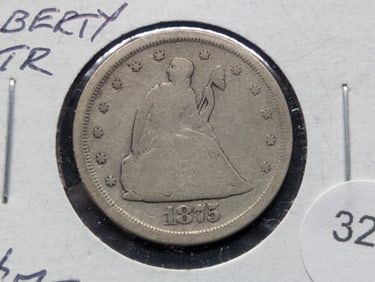 1875-S Seated Liberty Twenty Cent Piece, Scarce, Only 680K Minted
