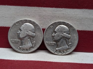 1947 D & 1955 P, 90% Silver Washington Quarters