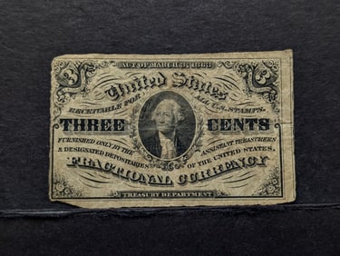 Act of March 3rd, 1863, 3 Cents United States Fractional Currency.  Bust of George Washington.