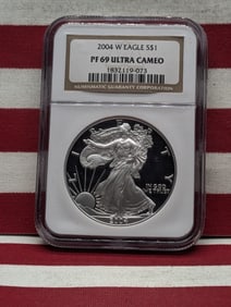 2004-W Proof Silver American Eagle Graded PF 69 ULTRA CAMEO By NGC Grading Company.