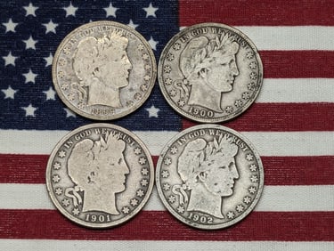 1899, 1900, 1901, & 1902 United States Barber Half Dollars.  Vintage Type Coins.
