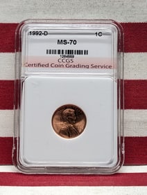 1992-D Lincoln Memorial Cent, MS 70 By CCGS.
