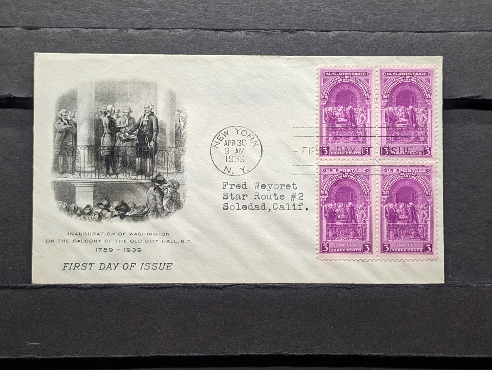 1939 Washington Inauguration 3 Cent Four Block First Day Cachet (1 of 2)