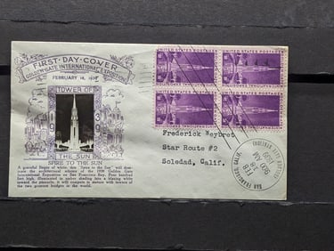 1939 Tower of The Sun Four Block First Day Cachet, Mint