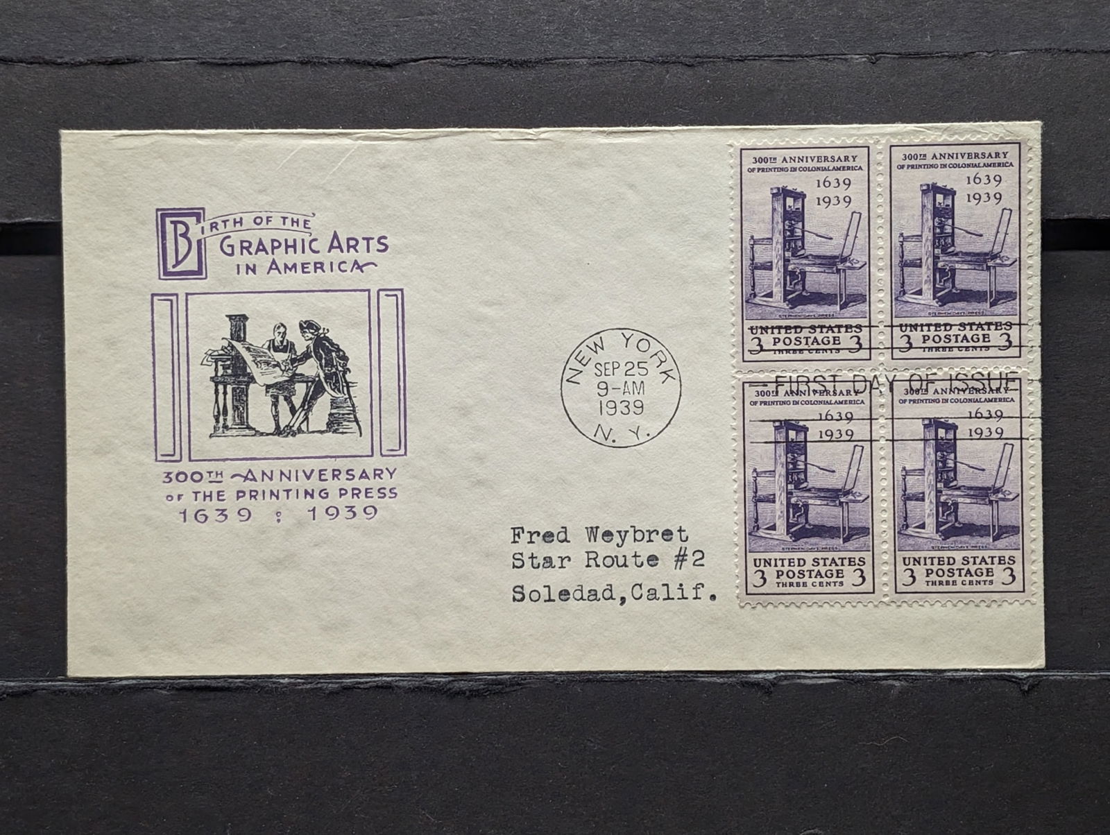 1939 300th Anniversary Printing Press Four Block First Day Cachet, Mint (1 of 2)