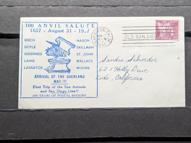 1957 First Trip "Overland Mail" San Antonio To San Diego Cachet