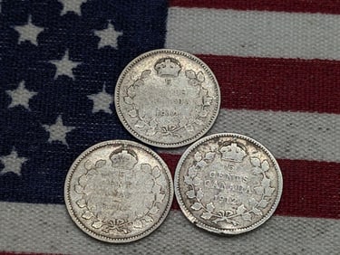 2-1912 & 1913, .925% Sterling Silver-Great Details, Canada, 5c, Over 120 Years Old