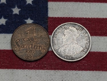 1932 Latvia 1 Santims & 1904 Panama 5 Centesimos 90% Silver 2.5 Gr. (2 PCS)