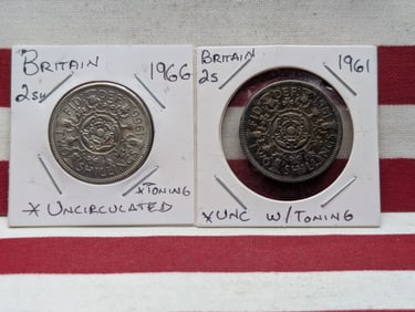 1961 & 1966 Britain Two Shillings - Both UNC w/Toning