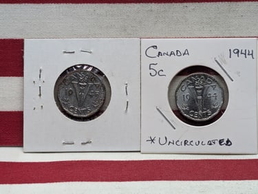 1944 & 1945 Canadian Victory Five Cent Coins