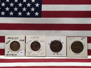 1944 Five Centavos, 1957 Ten Centavos, 1956 & 1960 Twenty Centavos Mexico Coins