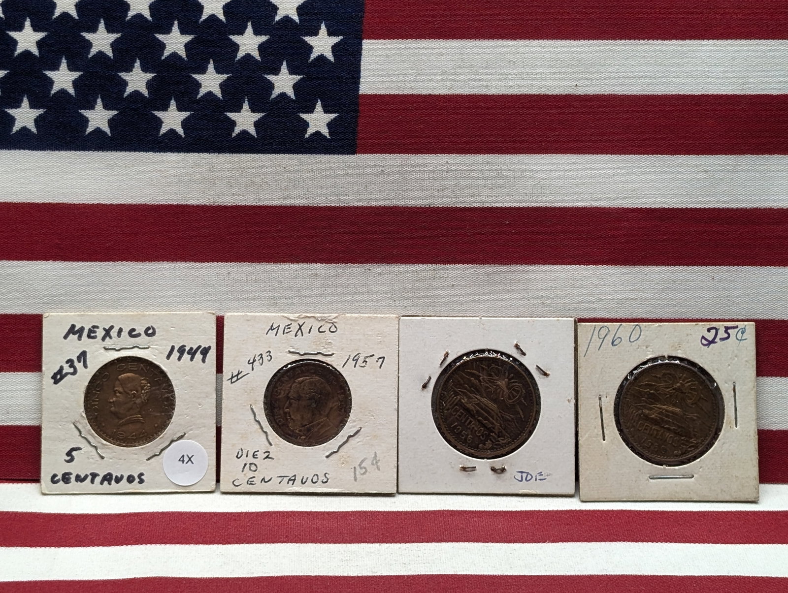 1944 Five Centavos, 1957 Ten Centavos, 1956 & 1960 Twenty Centavos Mexico Coins (1 of 4)