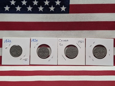 1922, 1923, 1924, & 1927 Canadian Five Cent Coins
