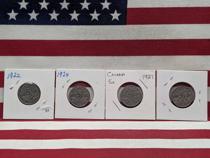 1922, 1923, 1924, & 1927 Canadian Five Cent Coins: 1922, 1923, 1924, & 1927 Canadian Five Cent Coins