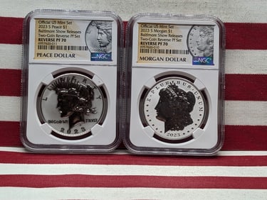 2023-S Morgan Dollar & 2023-S Peace Dollar 2-Coin Set - Both NGC REVERSE PF70 *Baltimore Show