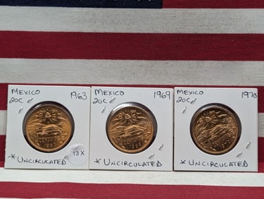 1963, 1969, & 1970 Mexico Twenty Centavos - All UNC