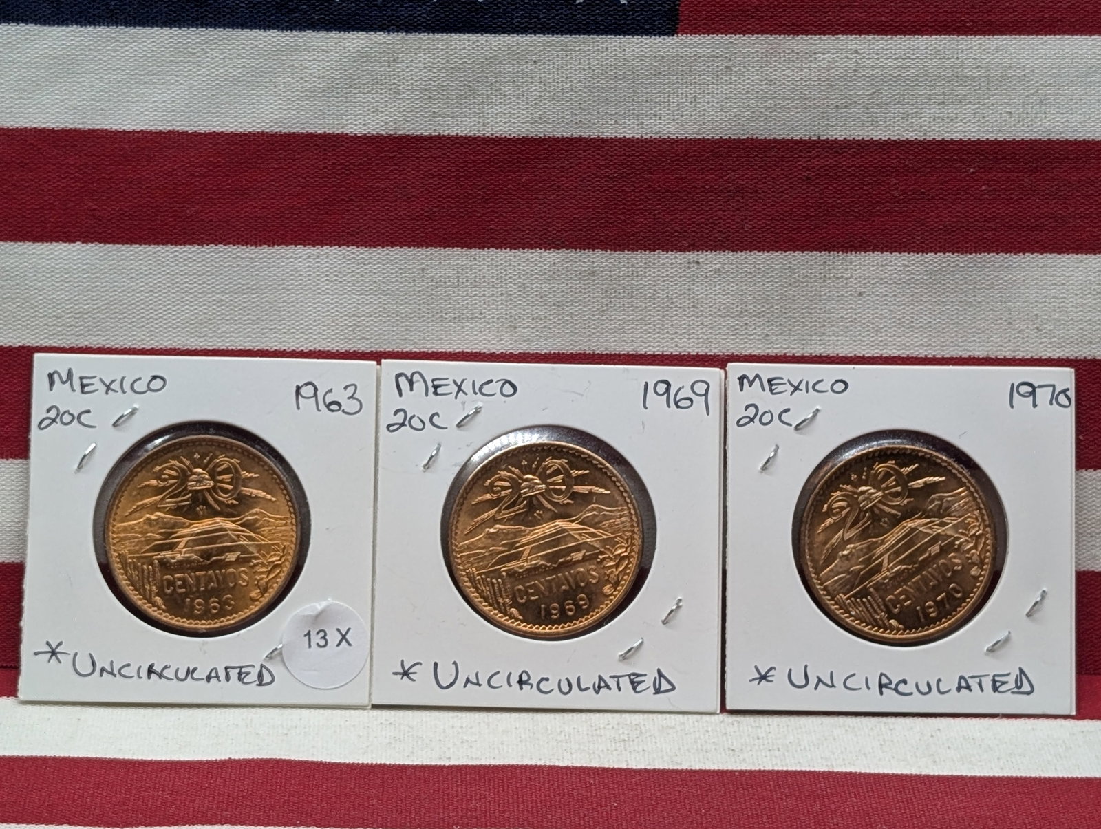1963, 1969, & 1970 Mexico Twenty Centavos - All UNC (1 of 3)