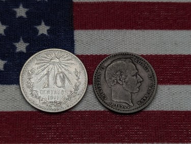 1911-Mo Mexico 10 Centavos 80% Silver 2.5 Gr. & 1894 Denmark 25 Ore VBP w/Heart, 60% Silver 2.42 Gr.