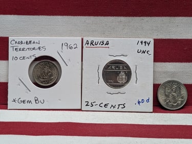 1962 British Caribbean Territories Ten Cents Gem BU, 1966  Bahamas Five Cents, & 1994 Aruba