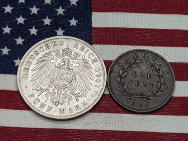 1907-F Imperial Germany Wurttemberg 5 Mark 90% Silver 27.77 Gr. *RARE!!* & 1863 Sarawak 1 Cent (2