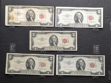 Lot of Five Various 1953 Series  $2.00 RED SEAL Banknotes, (4) 1953-A, & (1) 1953-C