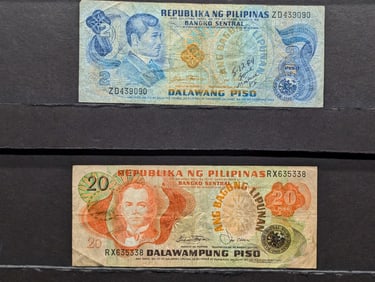 1949 Republic Of The Philippines One Piso & Twenty Piso Bank Notes
