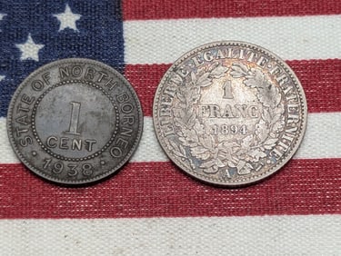 1894-A France 1 Franc 83.5% Silver 4.18 Gr. & 1938-M North Borneo 1 Cent (2 PCS)