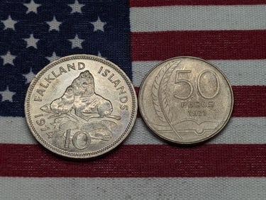 1971 Uruguay 50 Pesos & 1974 Falkland Islands 10 Pence (2 PCS)