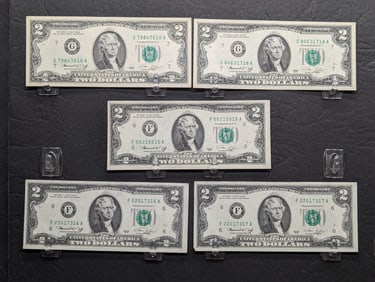 Lot of Five Vintage 1976 Series $2.00 Federal Reserve Notes w/ NICE PAPER, Includes Two Notes In