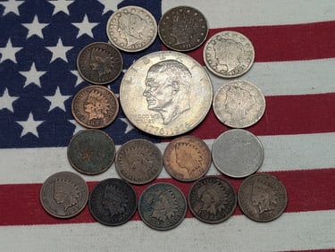 Large Grab Bag of Vintage U.S. Coin, 1976 IKE Dollar, (10) Indian Head Cents, (4) Liberty Head V
