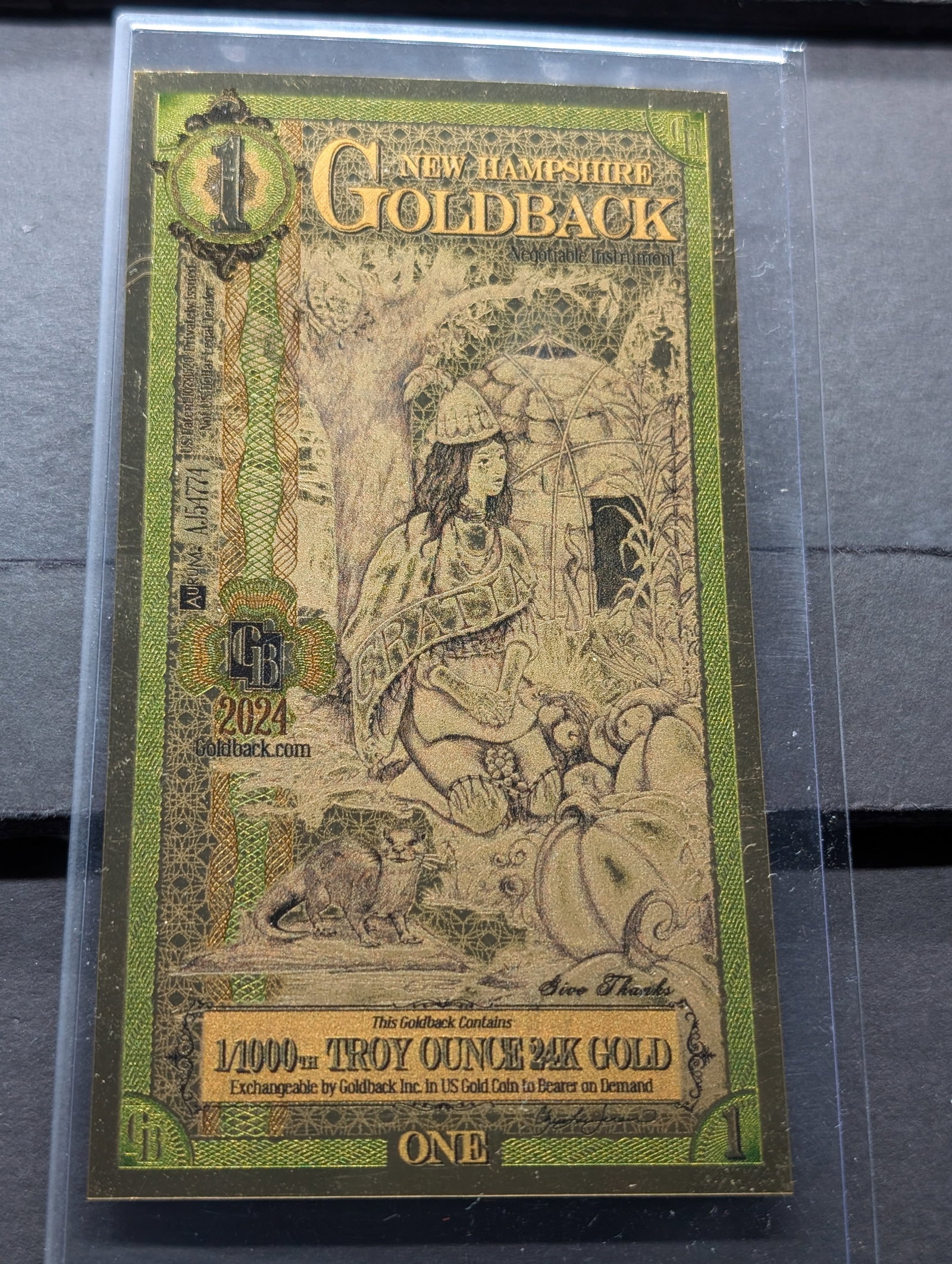 1/1000th Troy Oz. 24k PURE GOLD 2024 $1.00 New Hampshire Goldback: 1/1000th Troy Oz. 24k PURE GOLD 2024 $1.00 New Hampshire Goldback