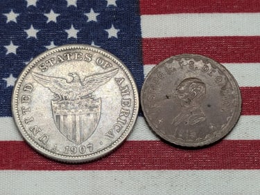 1907-S Philippines 1 75% Silver Peso & 1915 Mexico-Revolutionary Puebla 20 Centavos*RARE* (2 PCS)